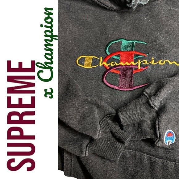 SUPREME x CHAMPION Collab Stacked C Hoodie Black Youth Large - Picture 4 of 8